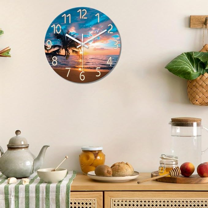 XFM Large Beach Wall Clock 24 Inch Palm Tree Silent Wall Clocks Battery Operated Sunset Glass Coastal Wall Clock for Living Room Bedroom Kitchen Office