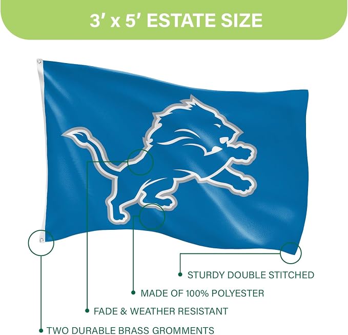 Team Sports America NFL Detroit Lions 3 x 5 Outdoor Durable House Flag with Grommets | Sport Team Flag & Banner | Indoor Wall Decor Flag for Room | Works with Flag Poles for Outside House