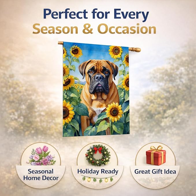 Caroline's Treasures DAC6042CHF Bullmastiff in Sunflowers House Flag Large Porch Sleeve Pole Decorative Outside Yard Banner Artwork Wall Hanging, Polyester, House Size, Multicolor