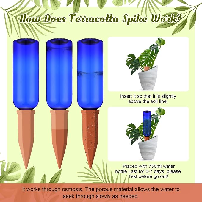 SiliFine 6 Sets Plant Watering Devices Include Terracotta Self Watering Spikes and 26 oz Plastic Bottles, Slow Release Vacation Insert Automatic Plant Waterer Device (Dark Blue and Terracotta)