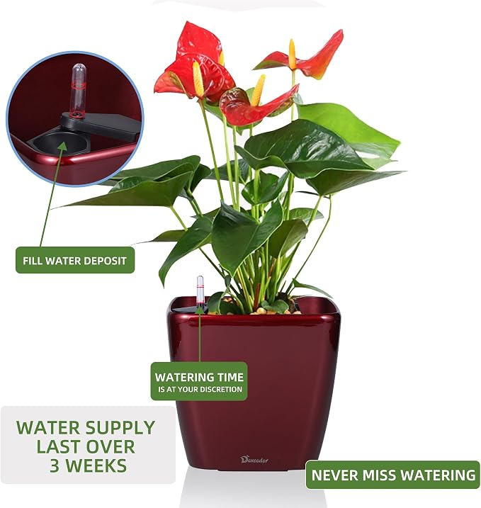Dexceder 11x10 Self Watering Planter (Red High Gloss) | Inner Mat Design, Thickened Table Flower Plant Pot with Water Level Indicator Indoor Outdoor