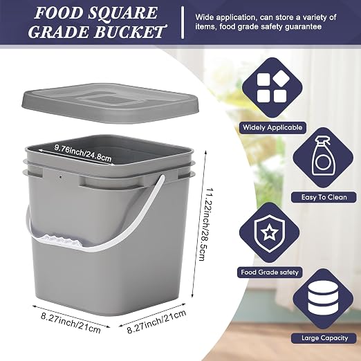 Mumufy 3 Pcs 3.5 Gallon Square Food Grade Bucket with Lid Square Bucket Pail Plastic Handles for Long Term Food Storage, Camping, Fishing, Home Organization Easy Stack and Store (Black,Gray,White)