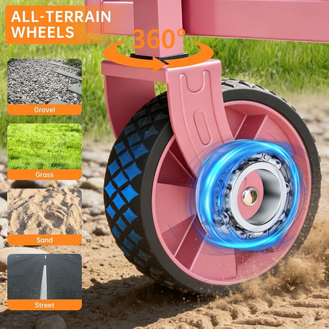 Collapsible Wagon Cart Foldable Beach Wagon with All-Terrain Wheels - 380 LBS Heavy Duty Grocery Cart for Shopping, Beach, Camping, Sports, Garden (Pink)