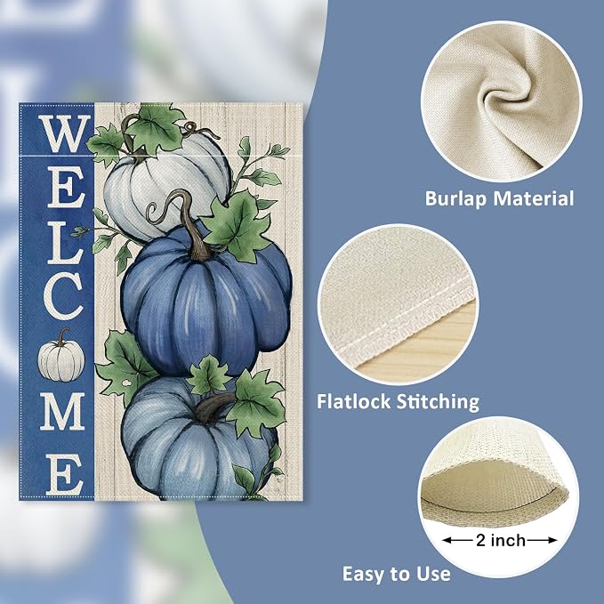 Welcome Fall Pumpkin Decorative Garden Flag, Autumn Blue White Pumpkin Farmhouse Yard Outside Decorations, Thanksgiving Rustic Burlap Outdoor Small Home Decor Double Sided 12 x 18