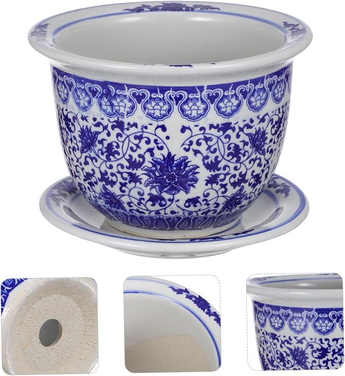 Blue and White Flower Pot with Drain Hole, Blue and White Planter Ceramic Ceramic Decorative Flower Pot Chinoiserie Planter, Diameter 6.7 inch