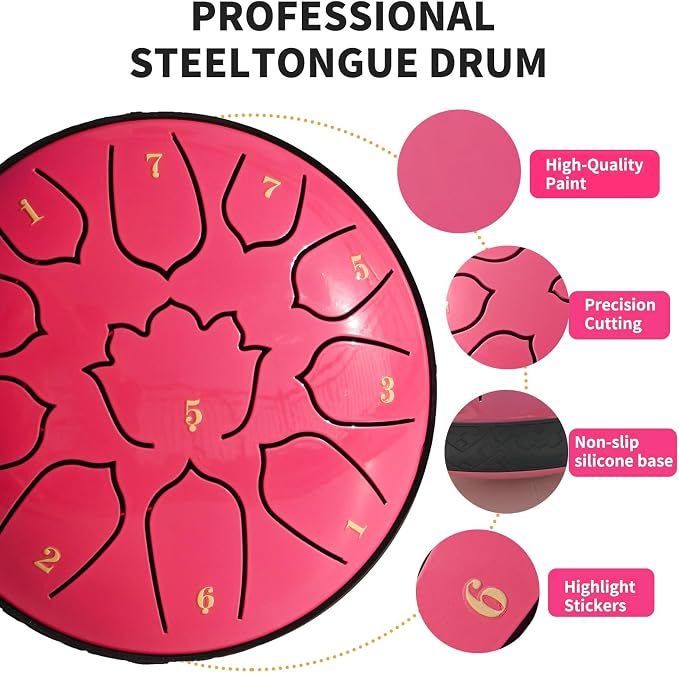 Steel Tongue Drum 11 Notes 6 Inches, Rain Drum for Outside with Bag, Music Book, Mallets, Finger Picks, Stickers – Meditation & Yoga Steel Drum