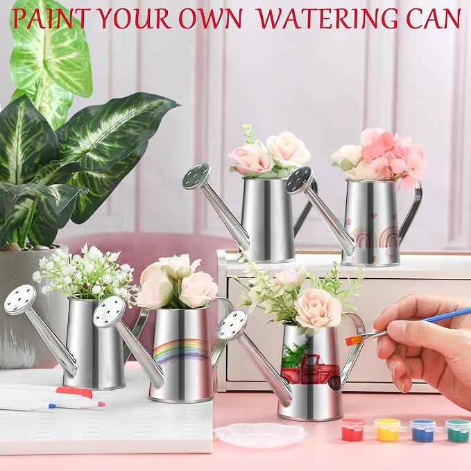 Reallnaive 6 Set Summer Crafts DIY Flower Gardening Kit Metal Succulent Pots Paintable Watering Can Planters Ready to Paint Plant Pot Unpainted Flower Pots Bulk for Classroom