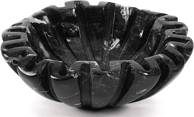Marble Small Decorative Bowl 6 Inch Handmade Black Ruffle Bowl, Scalloped Bowls for Tables Centerpieces & Housewarming Gifts, Fluted Ring Dish, Fruit & Key Bowl for Entry Table