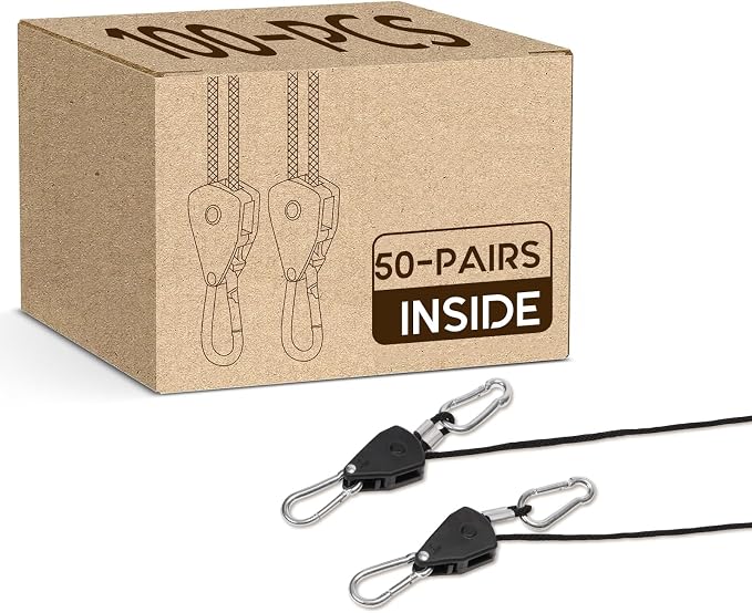 Grow Light Rope Hanger 50Pairs，1/8" 8-Feet Long Heavy Duty Adjustable Rope Clip Hanger, Adjustable Rope Ratchet Hangers 150 Lbs per Pair Used with Grow Light, Grow Bags
