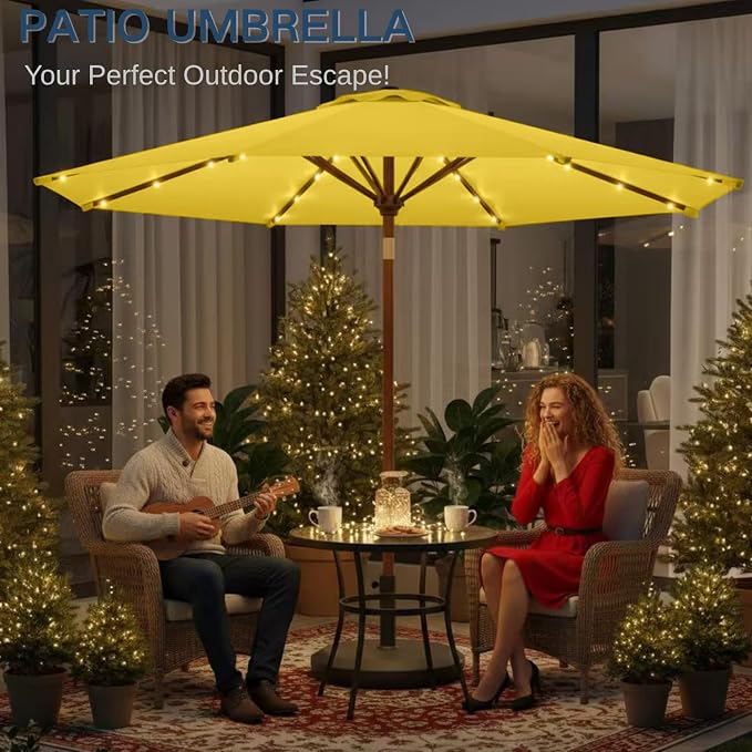 9' Solar LED Patio Umbrella with Tilt & Crank|8 Sturdy Ribs,UV Protection,Outdoor Market Table Umbrella for Deck,Lawn,Pool,Backyard(Yellow)
