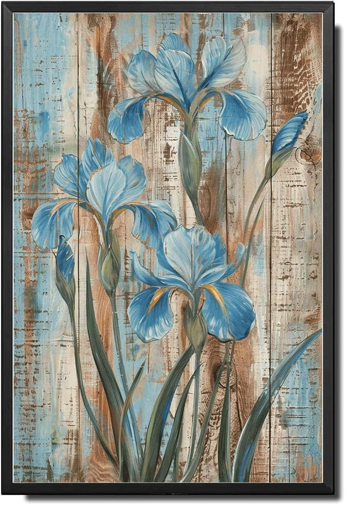 Metal Sign Tin Sign Vintage Wall Art Shabby Chic Irises Tin Sign for Rustic Wall Art Antique Artistry and Distressed Wood Surfaces Funny Gardening Gift for Club 8×12 Inches with Metal Frame