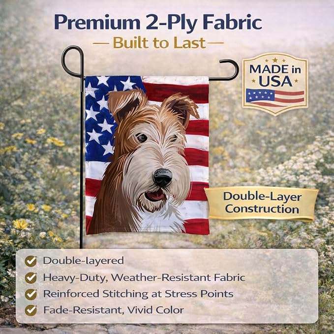 Caroline's Treasures CK6527GF Fox Terrier Wire Dog American Flag Garden Flag Mailbox Flag Decorative Yard Flag Banner Outside Patio Artwork Yard Flower Beds, Garden Size, Multicolor