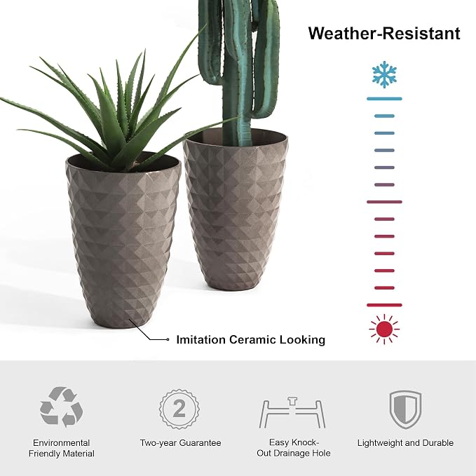 Glitzhome 19.75" H Oversized Tall Planter, Round Sand Beige Tall Outdoor Planters with Drainage Holes, Large Flower Pots Outdoor Planters for Porch, Backyard, Front Door, Patio and Deck, Set of 2