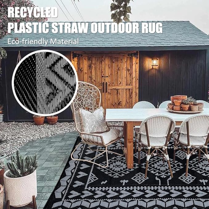 Pendolr Outdoor Rug 9’x12’ for Patios Clearance Waterproof Carpet Large RV Rugs Camping Rug Reversible Outside Rug for Patio Balcony Deck Backyard Picnic Beach Black&Gray 04#