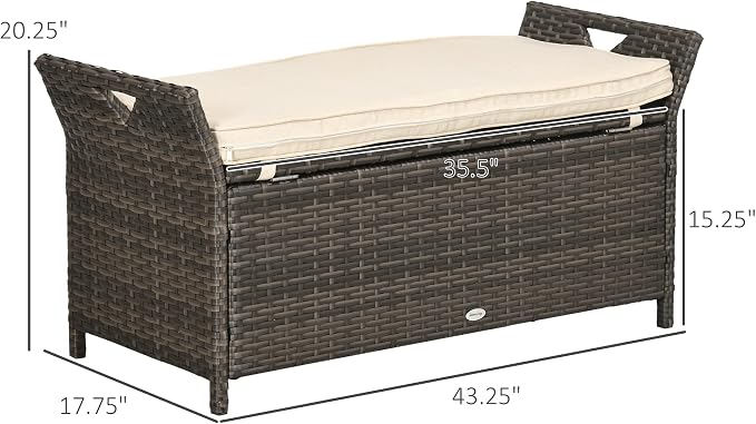 Outsunny 29 Gallon Patio Wicker Storage Bench, Outdoor PE Rattan Furniture, 2-in-1 Large Capacity Rectangle Garden Storage Box with Handles and Cushion, Cream White
