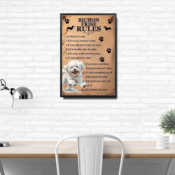 Metal Sign Tin Sign Vintage Wall Art Bichon Frise Rules Funny Outdoor Decor for Room 6×8 Inches with Metal Frame