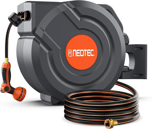 130FT Retractable Garden Hose Reel 1/2 Inch with Metal Bracket & 9-Pattern Nozzle, Automatic Slow Return & Any Length Lock, Wall Mounted Heavy Duty Hose Reels for Outside, 180° Swivel UV Resistant