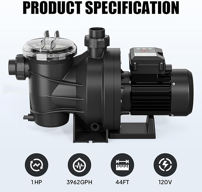 VINGLI 1 HP 3962 GPH Pool Pump, 110V Single Speed Self Priming Swimming Pool Pump, Powerful Copper Motor Water Circulation Pump with Filter Basket for Above Ground Pools Spas, US Plug