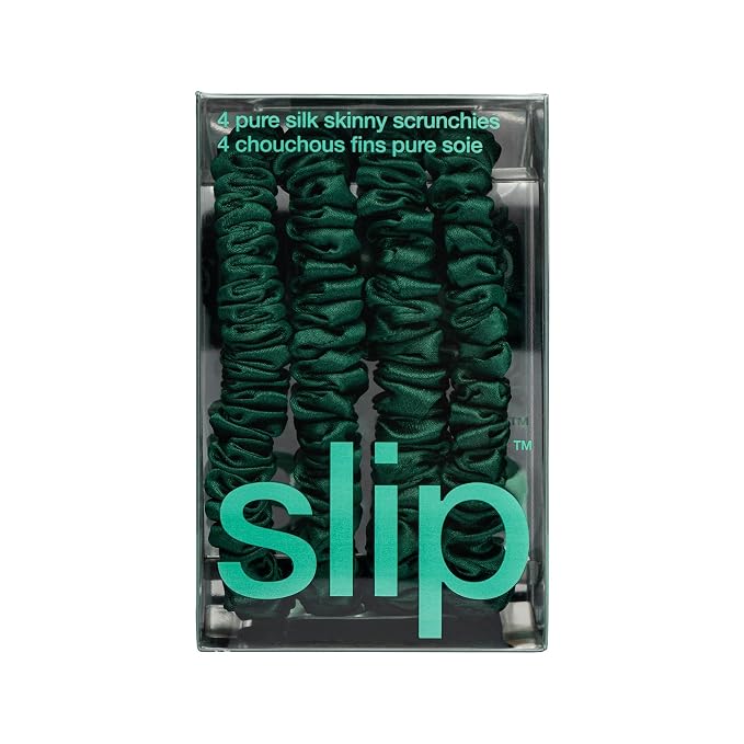 Slip Silk Hair Ties — Skinny Silk Forest Scrunchies, No Damage, No Crease, Anti-Breakage |100% Mulberry Silk | All Hair Types | Made with Proprietary Slipsilk™ | Set of 4