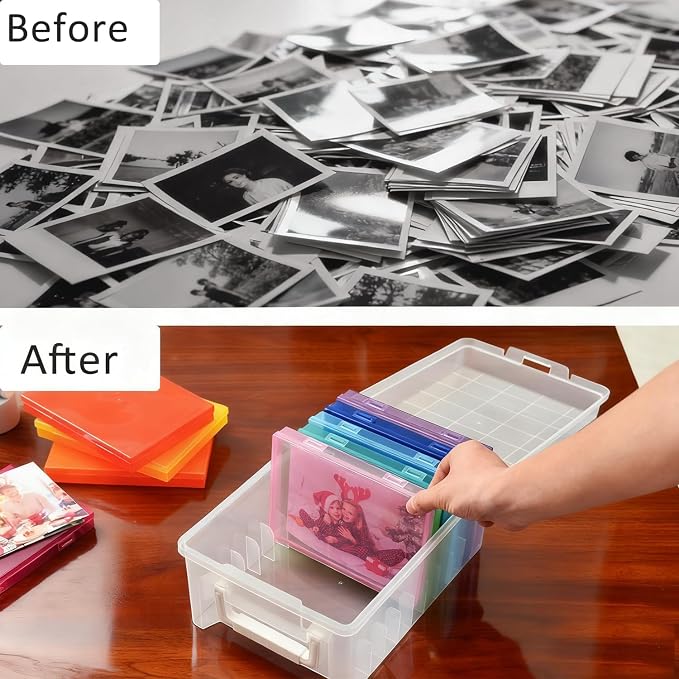 NINU Photo Storage Box 5 x 7 In Photo Case, 10 Inner Large Photo Keeper, Color Photo Storage Container, Seed Craft Cards Pictures Organizer, Plastic Office Organizer with 1 Label Sticker