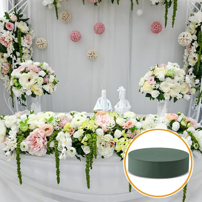 Threlaco 6 Sets Round Floral Foam and Clear Plastic Saucer Plant Drip Tray Floral Flower Dish Green Foam for Artificial Flowers Wedding Home Party Decoration