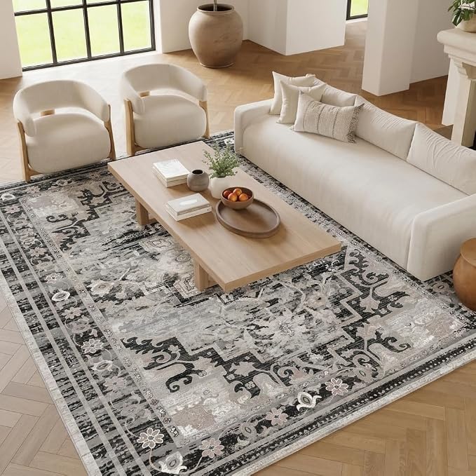 Washable Area Rug 8x10, Grey Vintage Persian Style Floral Living Room Rug | Machine-Washable Rug, Distressed Design Area Rugs, Modern Classic Transitional Style, Bedrooms Rug, Non-slip Backing