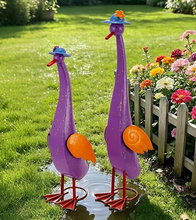 22" Duck Garden Statue Set of 2 Metal Ducks | Outdoor Yard Art Porch Animal Figurine Lawn Ornament Rustproof Yard Sculptures for Outside Patio Backyard Decorations
