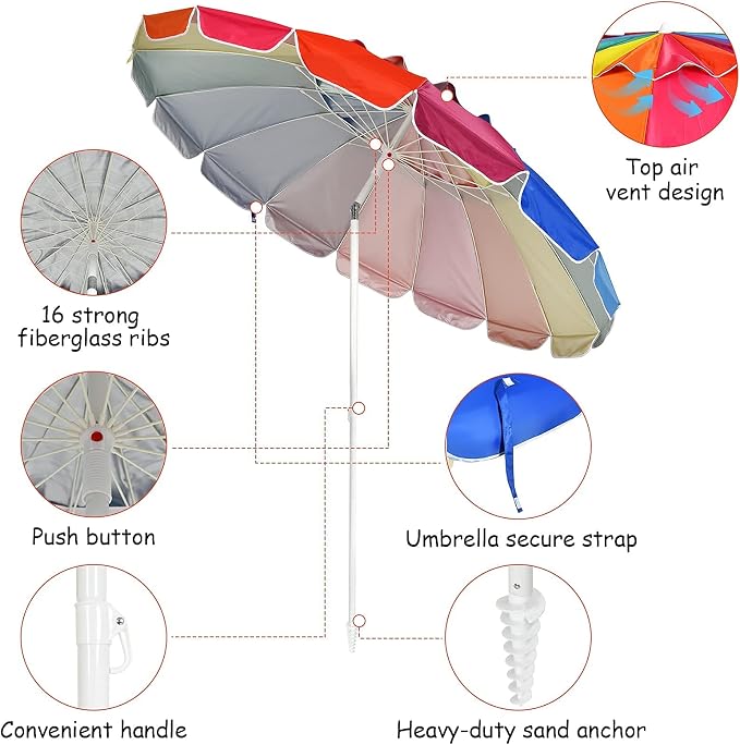 Tangkula 8FT Beach Umbrella, Portable Outdoor Sunshade Beach Umbrella with Sand Anchor & Tilt Mechanism, 16 Sturdy Fiberglass Ribs, Carrying Bag for Garden, Patio (Rainbow)