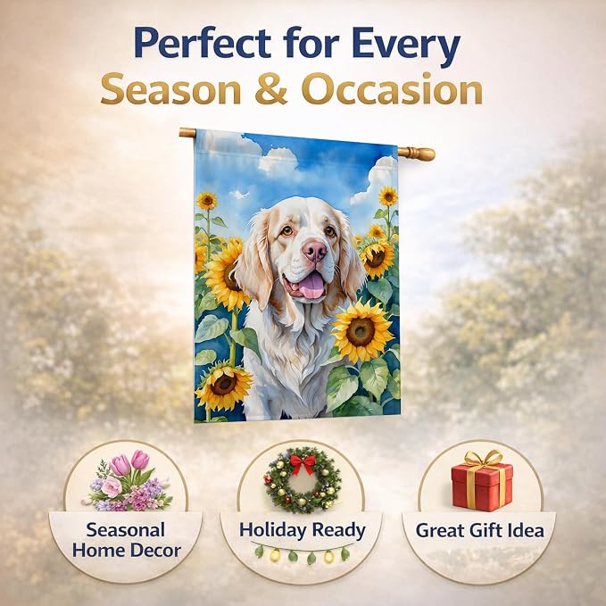 Caroline's Treasures DAC6056CHF Clumber Spaniel in Sunflowers House Flag Large Porch Sleeve Pole Decorative Outside Yard Banner Artwork Wall Hanging, Polyester, House Size, Multicolor