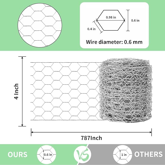 Chicken Wire 4 in x 787 in Poultry Wire Netting Hexagonal Galvanized Mesh Garden Fence Barrier for Pet Rabbit Chicken Fencing with 100 Pcs Cable Zip Ties