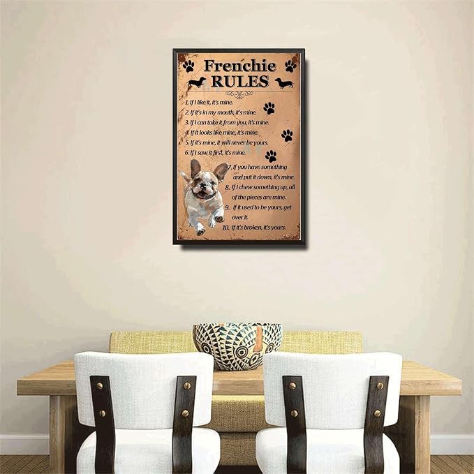 Metal Sign Tin Sign Vintage Wall Art Frenchie Rules Funny Sign for Bar 6×8 Inches with Metal Frame