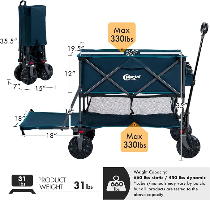 Portal Collapsible Double Decker Wagon Folding Utility Cart with Tailgate, Beach Wagons with Big Wheels, 660LB Heavy Duty Foldable Wagon 14 FT³ Large Capacity for Camping, Sports, Garden