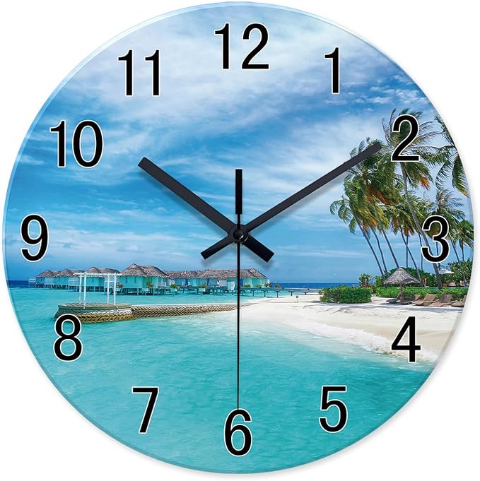 XFM Large Beach Wall Clock 20 Inch Silent Coastal Nautical | Non-Ticking Battery Operated Blue Modern Glass Decorative for Living Room Kitchen Bedroom Office
