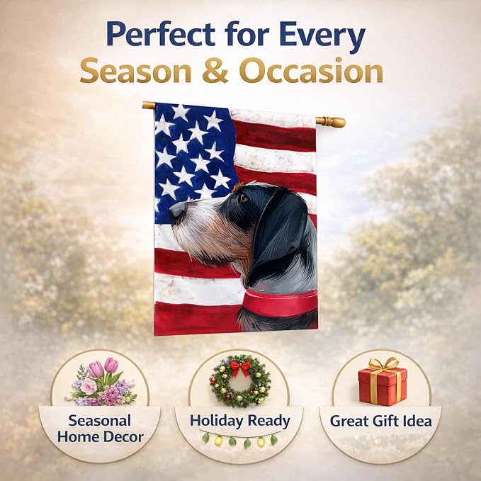 Caroline's Treasures CK6551CHF Griffon Bleu de Gascogne American Flag House Flag Large Porch Sleeve Pole Decorative Outside Yard Banner Artwork Wall Hanging, Polyester, House Size, Multicolor