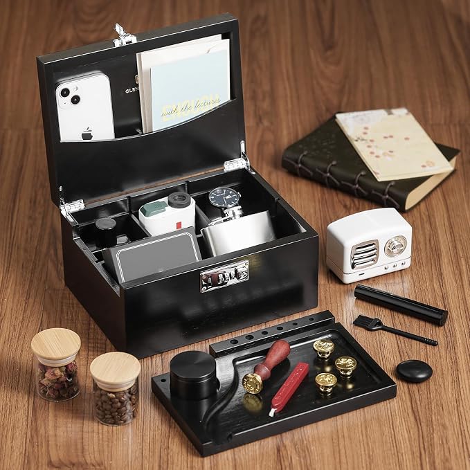 GLENCREAG Stash Box with Rolling Tray, Smell Proof Large Bamboo Storage Box with Lock, Decorative Box Set Includes Glass Jars & Grinder, Gift for Men Women