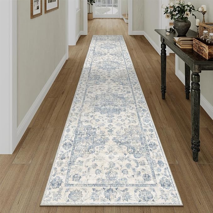 2x12 Blue Neutral Runner Rug | Washable, Non Slip, Soft Low Pile, Vintage Farmhouse, for Hallway Kitchen Laundry Bathroom Bedroom Living Room Home Decor