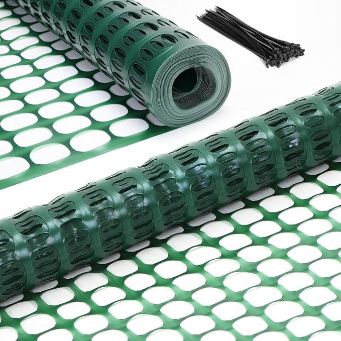 Ohuhu Plastic Garden Fence Safety Fence, 4'x100'/10.7 LB Reusable Netting Plastic Mesh Fence Roll, Temporary Fencing for Animal Barrier Construction Snow Fence Poultry Rabbits Chicken Dogs Deer Green