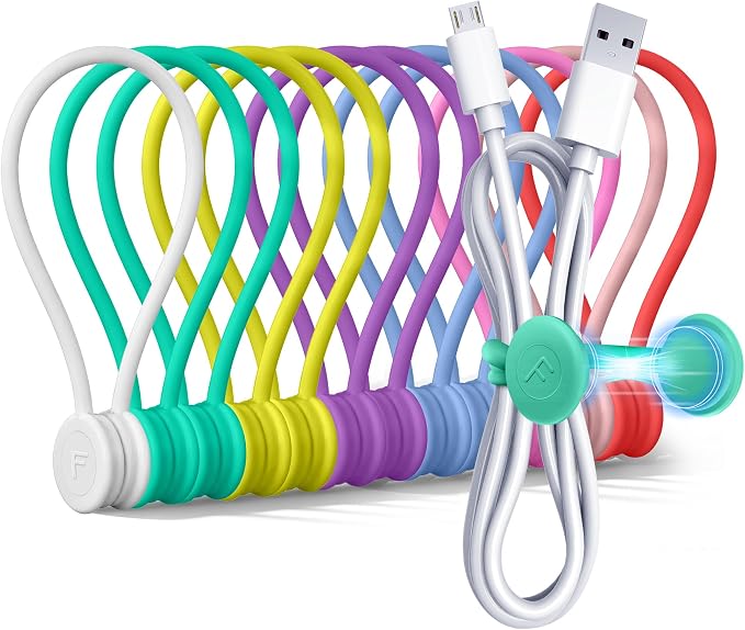 COOLMI Magnetic Cable Ties 12 Pack, 6.88 Inch Reusable Silicone Cord Organizer Wraps, Strong Magnet Cable Management Straps for Charging Cords, USB Cables, Earbuds, Desk, Travel, Assorted Colors