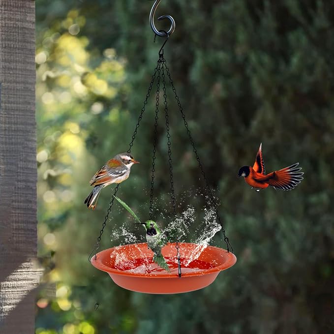 OVZILKI Bird Baths for Outdoors Heavy Duty, 14 inch BirdBath Bowl Only with Rust-Proof Black Chains, Hanging Bird Bath Hanging Bird-Feeder for Garden Backyard Decor (Terracotta 1 Pack)