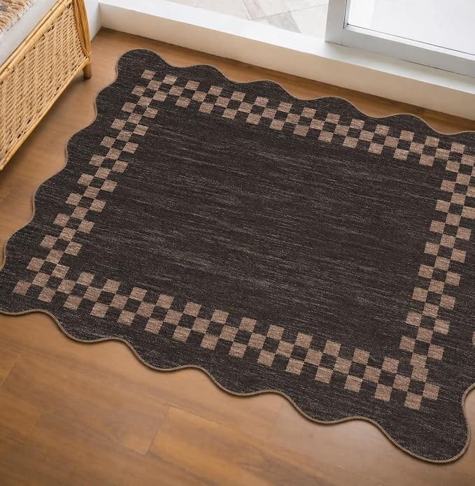 GarveeHome Small Area Rug 2x3 Solid Color Washable Scalloped Kitchen Rugs | Modern Checkered Entry Rug Bedroom Doormat Non Slip Stain Resistant Bordered Throw Carpet for Living Room Nursery, Brown