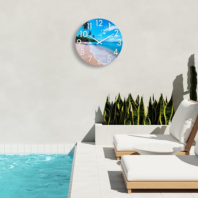 JoFomp Beach Outdoor Clocks for Patio, Large Outdoor Clocks Waterproof 14 Inch with Glass, Outdoor Wall Clocks Battery Operated, Pool Clock Outdoor Weatherproof, Outside Clock for Backyard/Garden