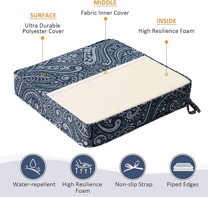 Unimatta Square Corner Seat Cushions, 19" x 19" x 3", Set of 4, Indoor Outdoor Water Repellent Universal Chair Pads with Ties for Patio Furniture, Garden Deck Dining Chairs, Damask Blue Flower