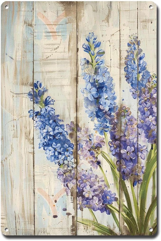 Metal Sign Tin Sign Vintage Wall Art Rustic Spring Hyacinths Tin Sign for Easy Installation Weather Resistant Design and Vintage Charm Boho Bedroom Decorations for Pub 12×16 Inches