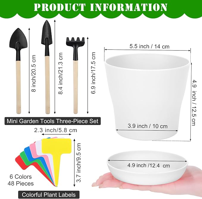 Hahood 48 Pack Plastic Planters 5.5 Inch Flower Plant Pots Indoor Set Thickened Seedling Nursery Pots Seed Starting Pots with Drainage Holes Saucers Mini Garden Tool for Home Office Garden, White