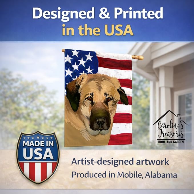 Caroline's Treasures CK6403CHF Anatolian Shepherd Dog American Flag House Flag Large Porch Sleeve Pole Decorative Outside Yard Banner Artwork Wall Hanging, Polyester, House Size, Multicolor