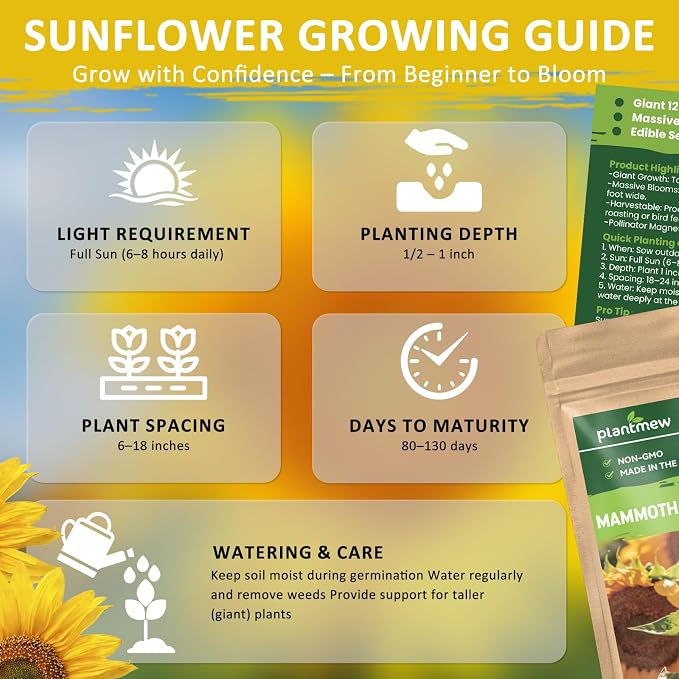 150+ Sunflower Seeds for Planting – Giant Mammoth Sunflower Seeds, Extra Tall Large Blooms, Open Pollinated, Easy to Grow Flower Seeds for Garden, Outdoor Planting & Landscaping 0.7 Oz