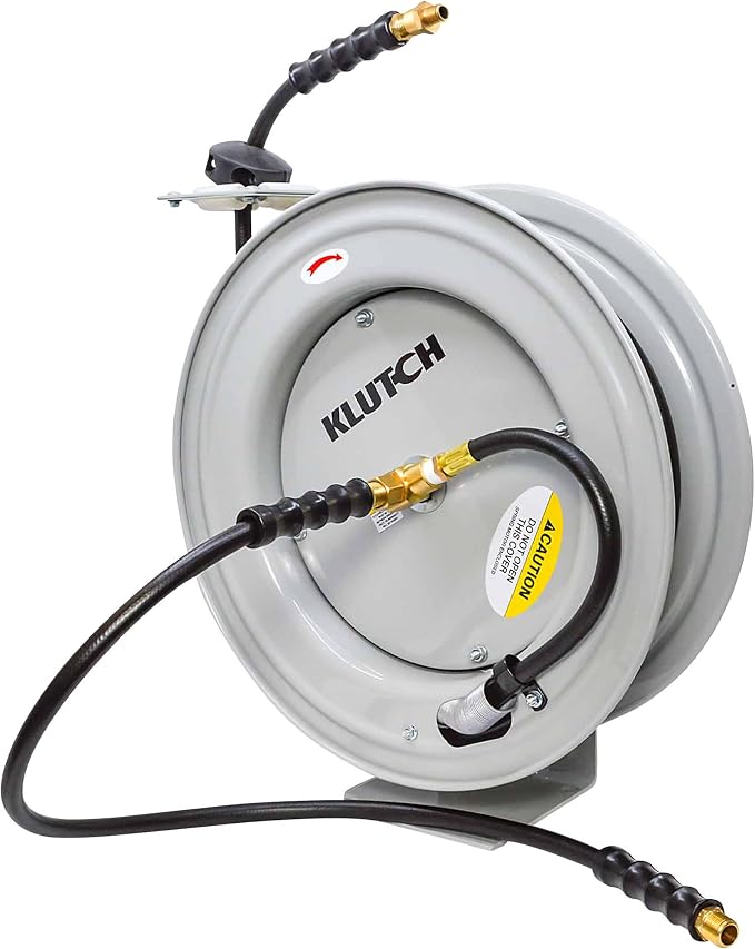 Klutch Auto-Rewind Air Hose Reel, with 3/8in. x 75ft. Rubber Hose, 300 PSI, Model# TLEXR3875-NT
