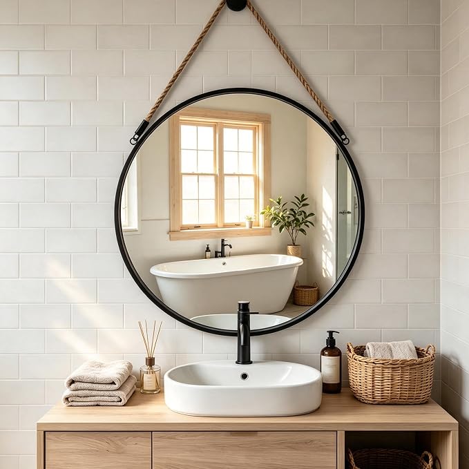 POZINO 30 Inch Large Round Hanging Mirror with Black Metal Frame | Circle HD Mirror with Jute Rope, Anti-Rust, Farmhouse Decorative Wall Mirror for Entryway, Living Room, Fireplace, Bathroom