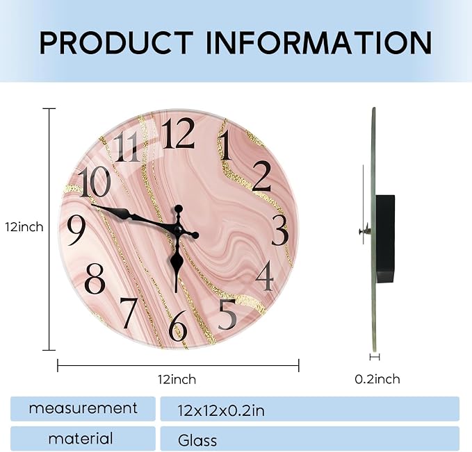 Britimes Round Wall Clock Silent Non-Ticking Battery Operated Outdoor Waterproof Glass Clock 12 Inch, Gold Pink Marble Home Decor for Living Room, Kitchen, Bathroom, Bedroom, and Office