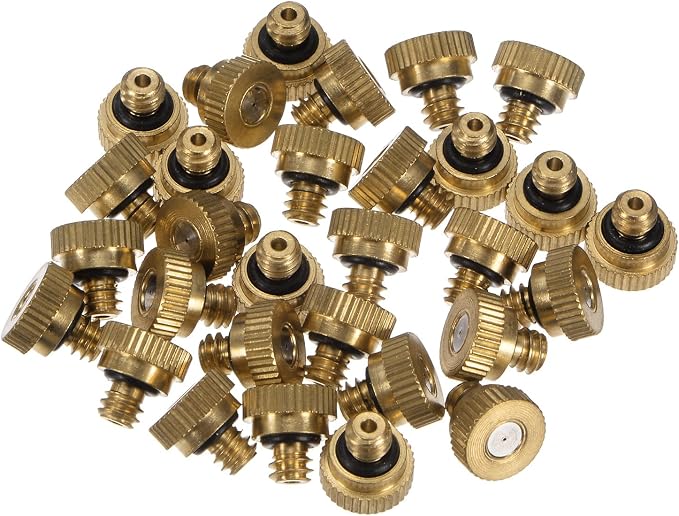 M METERXITY 30-Pack Brass Misting Nozzle, 0.016" 0.4mm Orifice 10/24 UNC O-Ring Replacement Mister Nozzles Plug Mister Heads for Garden Patio Outdoor Cooling System Low-Pressure Atomizing